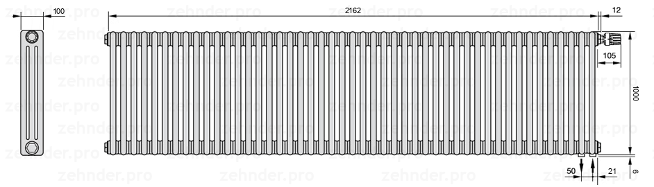 Схема (чертеж) Радиатор Zehnder Charleston 3100/47 №V002 Белый глянцевый RAL 9016